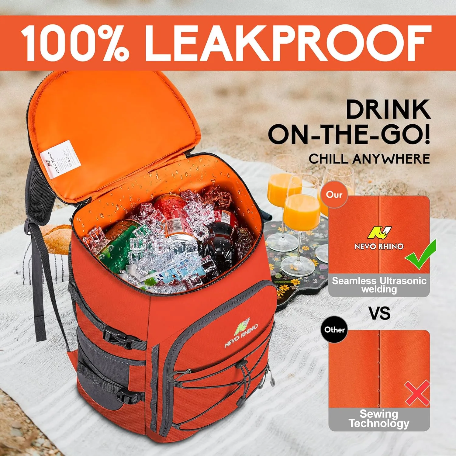 N NEVO RHINO Insulated Backpack Cooler - 36/54 Can Capacity, Waterproof Leak-Proof Lightweight Multi-Functional & Spacious， Ideal for Camping, Travel, Beach, Picnics， Lunch & Day Trips