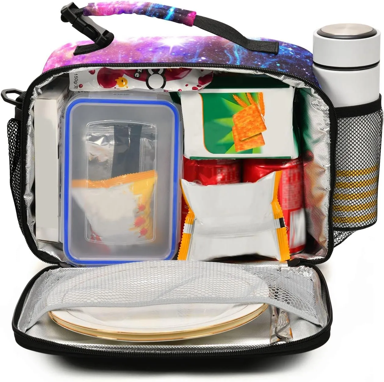 Naanle Galaxy Nebula Lunch Bag with Adjustable Shoulder Strap Insulated Leakproof Tote Bag Picnic Box Double Zippers Wide Open Lunch Container Bag for Office Work School Home