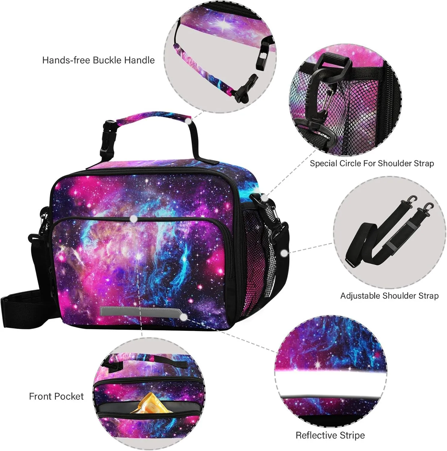 Naanle Galaxy Nebula Lunch Bag with Adjustable Shoulder Strap Insulated Leakproof Tote Bag Picnic Box Double Zippers Wide Open Lunch Container Bag for Office Work School Home
