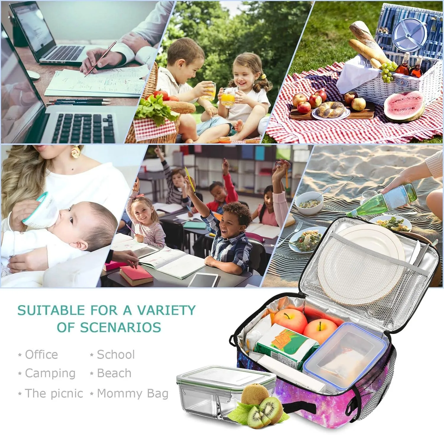 Naanle Galaxy Nebula Lunch Bag with Adjustable Shoulder Strap Insulated Leakproof Tote Bag Picnic Box Double Zippers Wide Open Lunch Container Bag for Office Work School Home