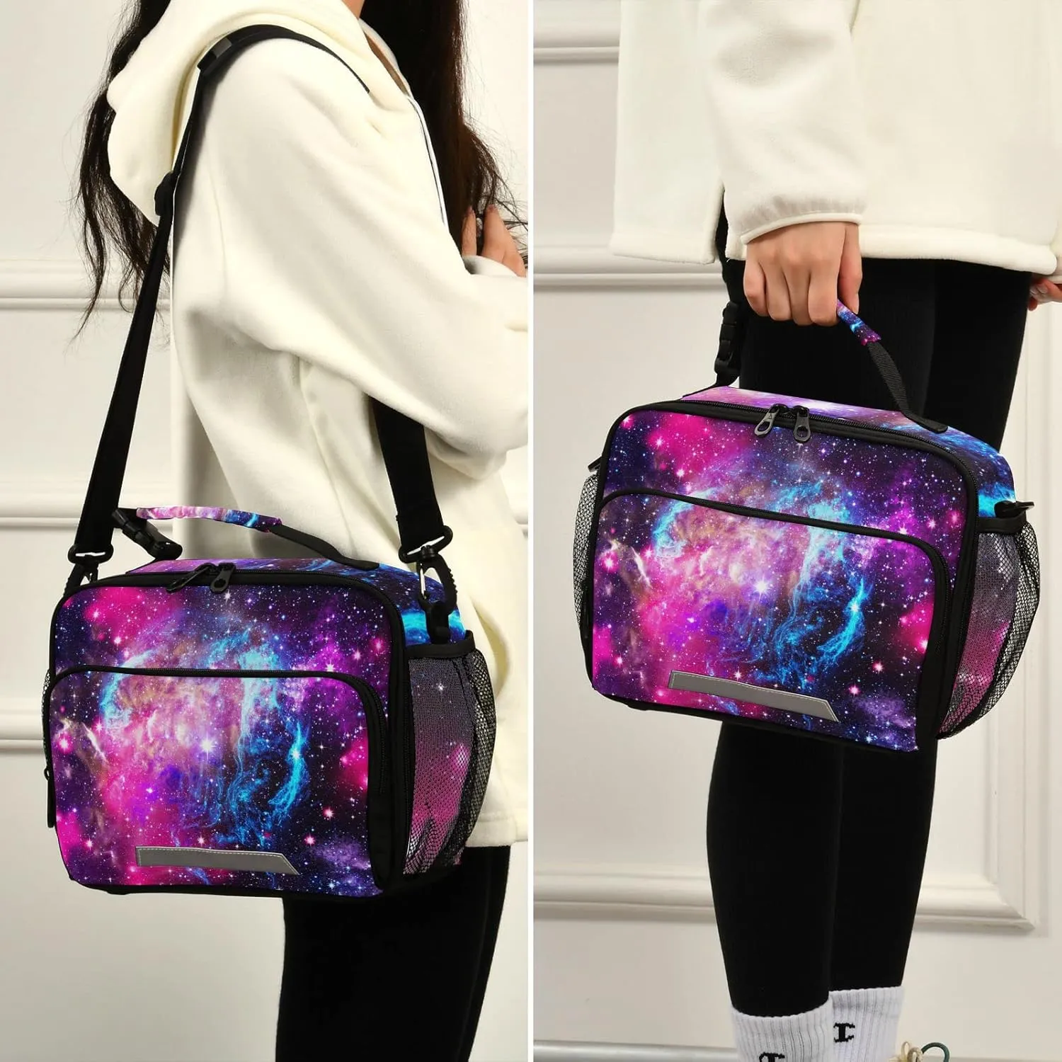 Naanle Galaxy Nebula Lunch Bag with Adjustable Shoulder Strap Insulated Leakproof Tote Bag Picnic Box Double Zippers Wide Open Lunch Container Bag for Office Work School Home