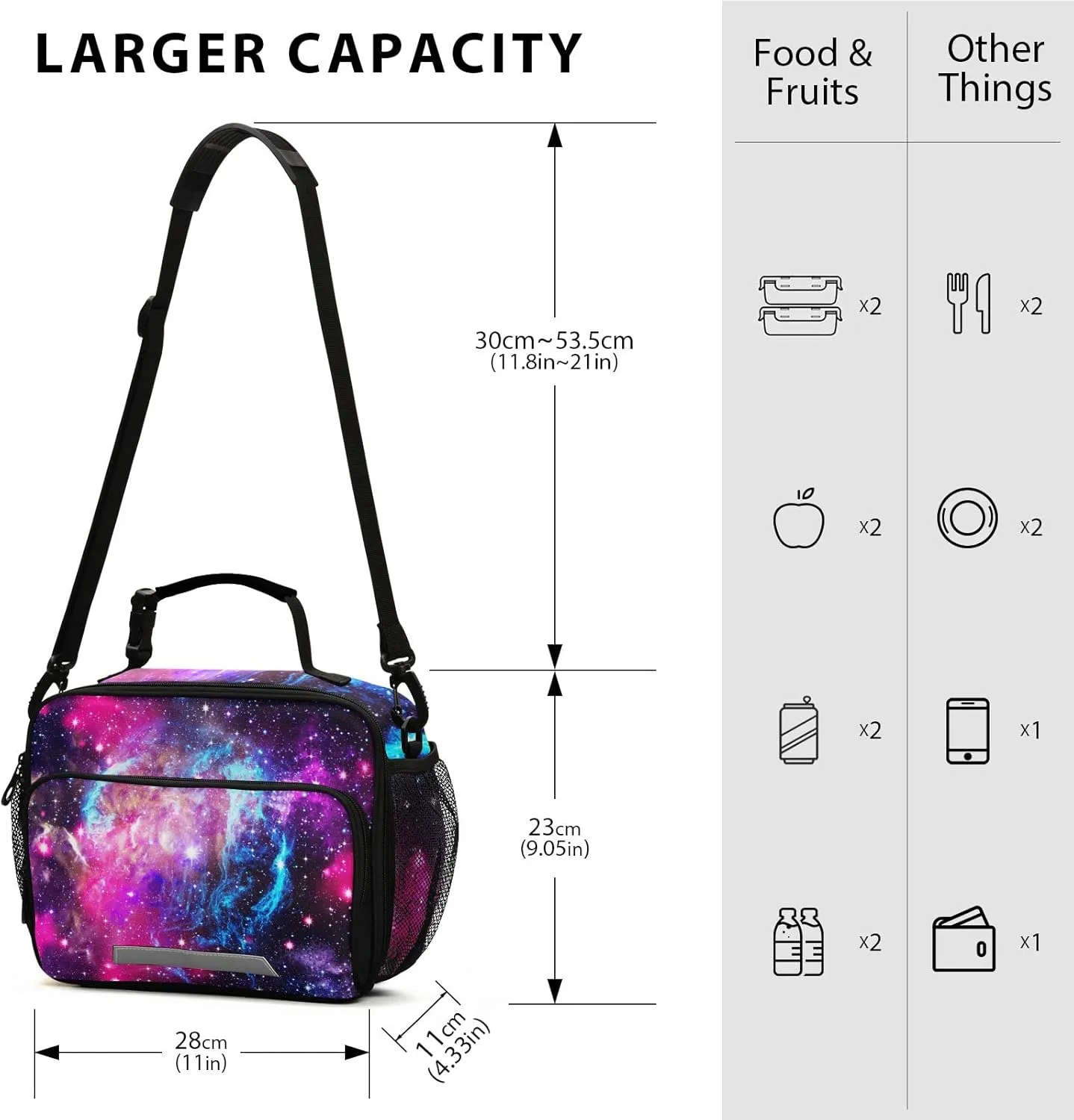 Naanle Galaxy Nebula Lunch Bag with Adjustable Shoulder Strap Insulated Leakproof Tote Bag Picnic Box Double Zippers Wide Open Lunch Container Bag for Office Work School Home