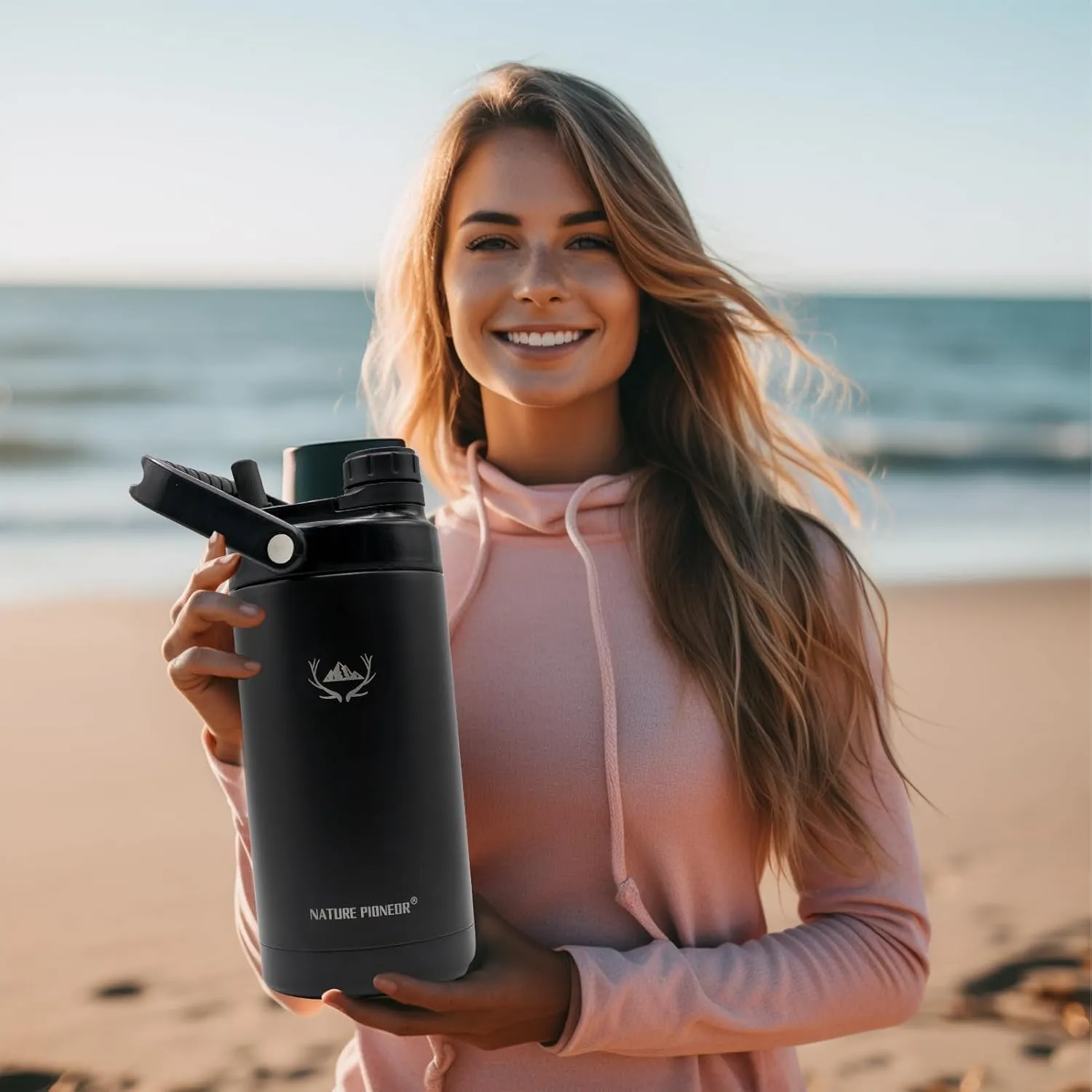 NATURE PIONEOR Insulated Water Bottles with Strap - 64 oz Stainless Steel Vacuum Wide Mouth Bottle with Holder/Carrier/Sleeve - Reusable 18/8 Food Grade Thermos Water Jug