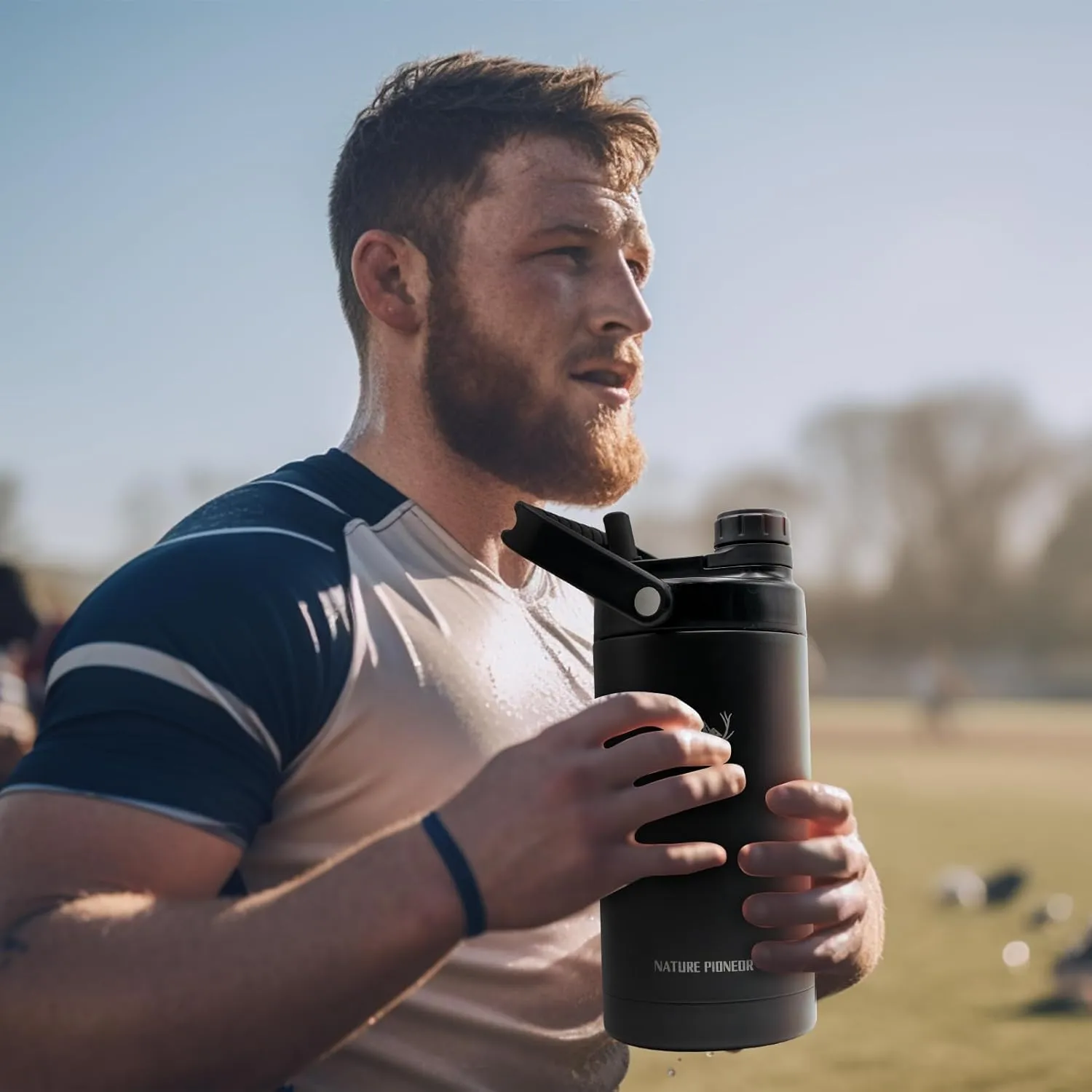 NATURE PIONEOR Insulated Water Bottles with Strap - 64 oz Stainless Steel Vacuum Wide Mouth Bottle with Holder/Carrier/Sleeve - Reusable 18/8 Food Grade Thermos Water Jug
