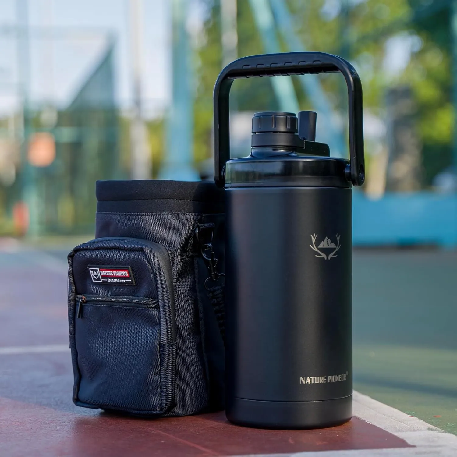 NATURE PIONEOR Insulated Water Bottles with Strap - 64 oz Stainless Steel Vacuum Wide Mouth Bottle with Holder/Carrier/Sleeve - Reusable 18/8 Food Grade Thermos Water Jug