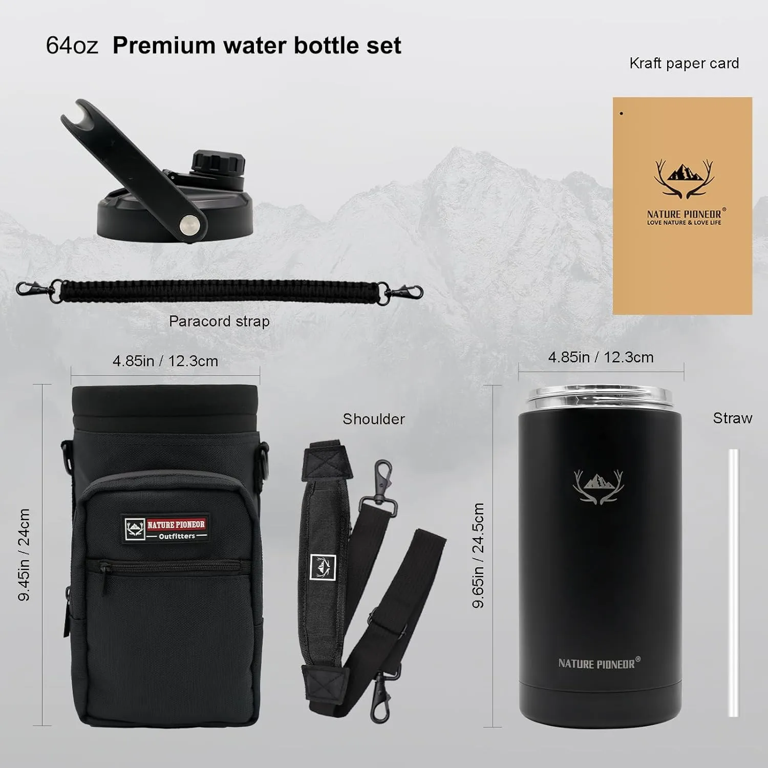 NATURE PIONEOR Insulated Water Bottles with Strap - 64 oz Stainless Steel Vacuum Wide Mouth Bottle with Holder/Carrier/Sleeve - Reusable 18/8 Food Grade Thermos Water Jug