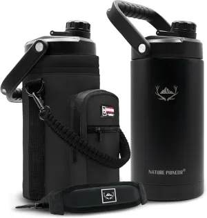 NATURE PIONEOR Insulated Water Bottles with Strap - 64 oz Stainless Steel Vacuum Wide Mouth Bottle with Holder/Carrier/Sleeve - Reusable 18/8 Food Grade Thermos Water Jug