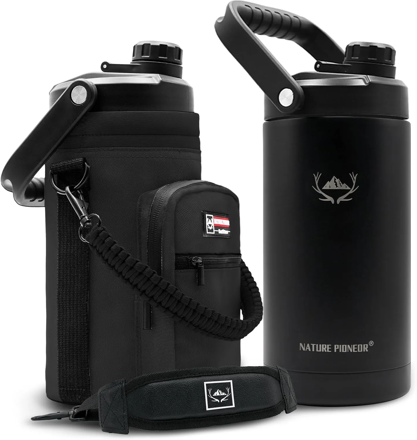 NATURE PIONEOR Insulated Water Bottles with Strap - 64 oz Stainless Steel Vacuum Wide Mouth Bottle with Holder/Carrier/Sleeve - Reusable 18/8 Food Grade Thermos Water Jug