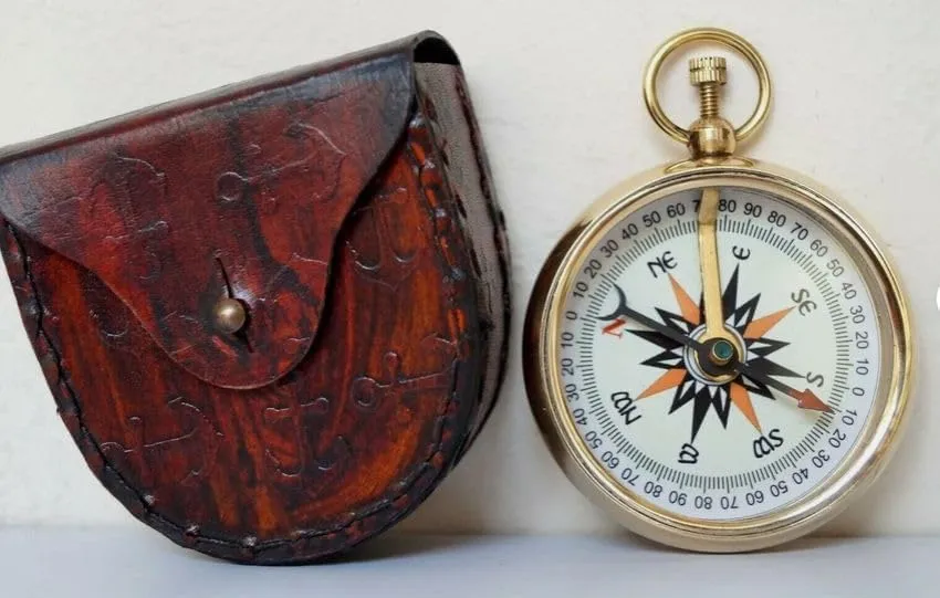 Nautical Brass Pocket Compass with Leather Case Marine Handmade