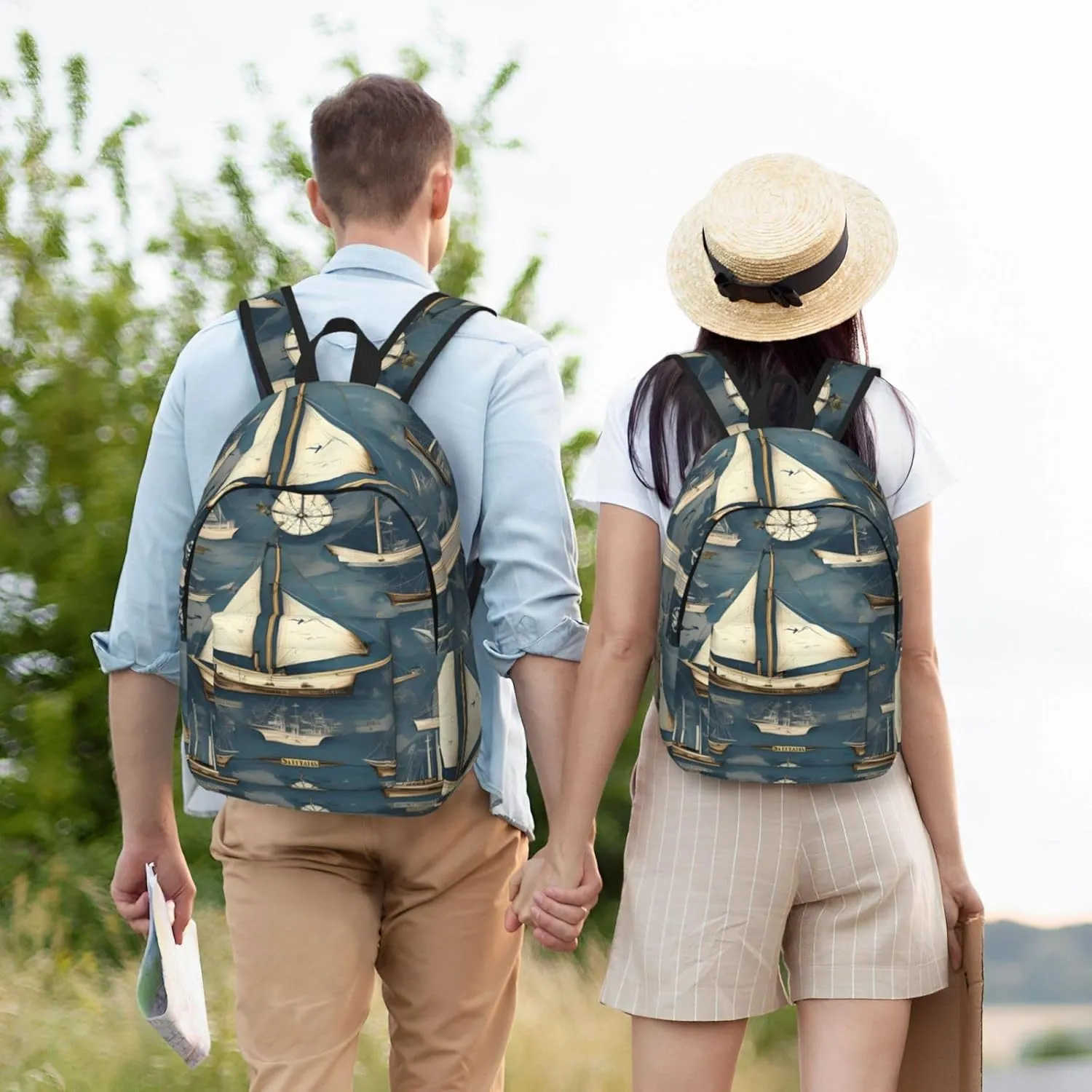 Nautical Sailboat Map Print Canvas Laptop Backpack Outdoor Casual Travel Bag Daypack Book Bag For Men Women