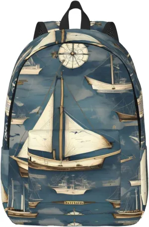 Nautical Sailboat Map Print Canvas Laptop Backpack Outdoor Casual Travel Bag Daypack Book Bag For Men Women
