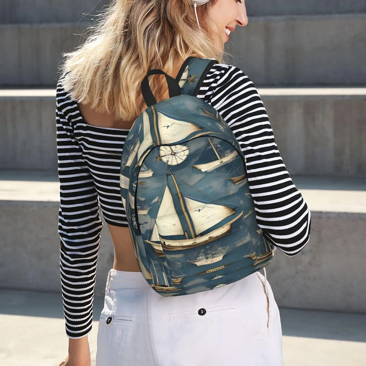 Nautical Sailboat Map Print Canvas Laptop Backpack Outdoor Casual Travel Bag Daypack Book Bag For Men Women