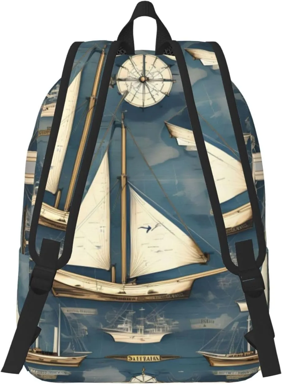 Nautical Sailboat Map Print Canvas Laptop Backpack Outdoor Casual Travel Bag Daypack Book Bag For Men Women