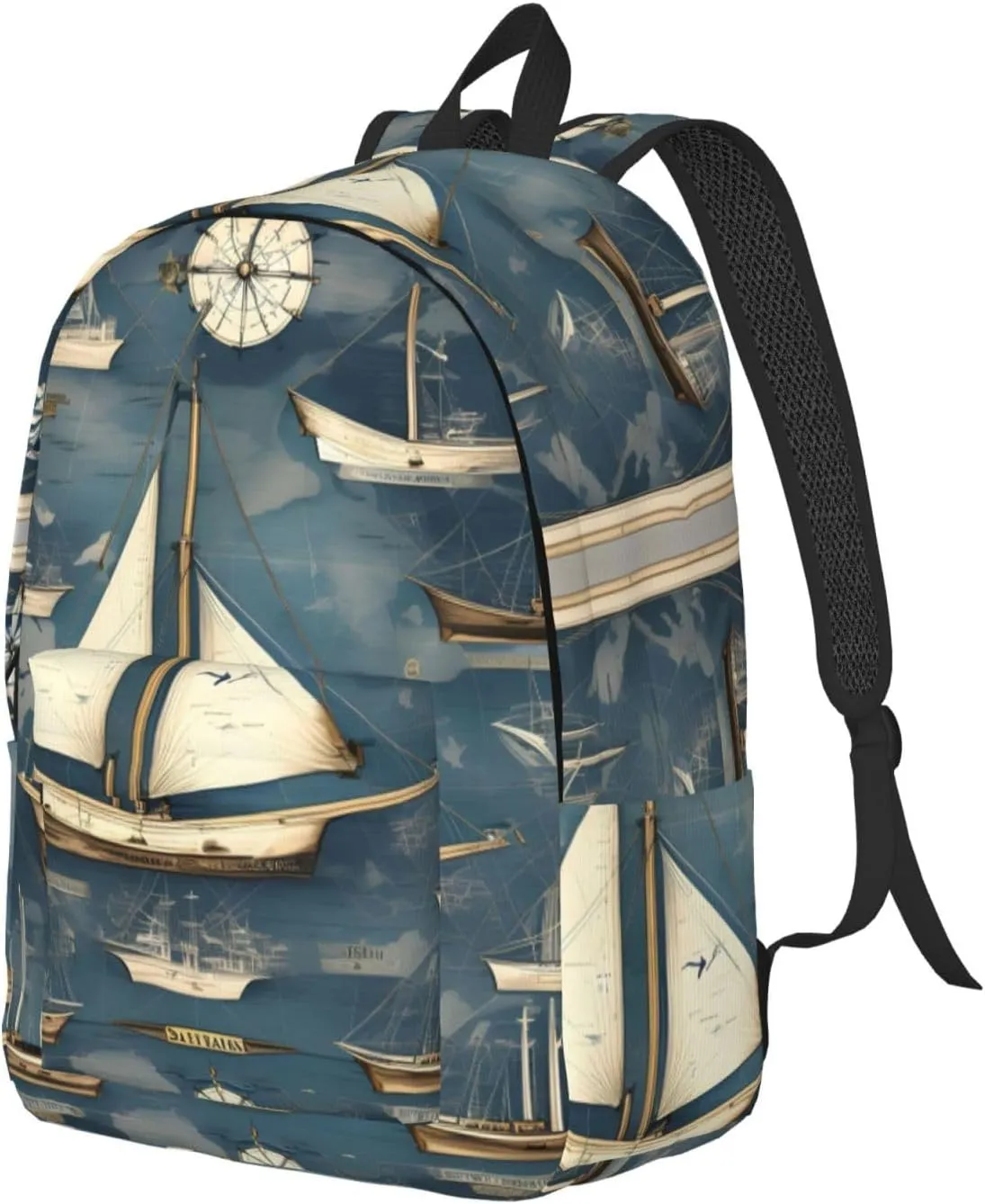Nautical Sailboat Map Print Canvas Laptop Backpack Outdoor Casual Travel Bag Daypack Book Bag For Men Women