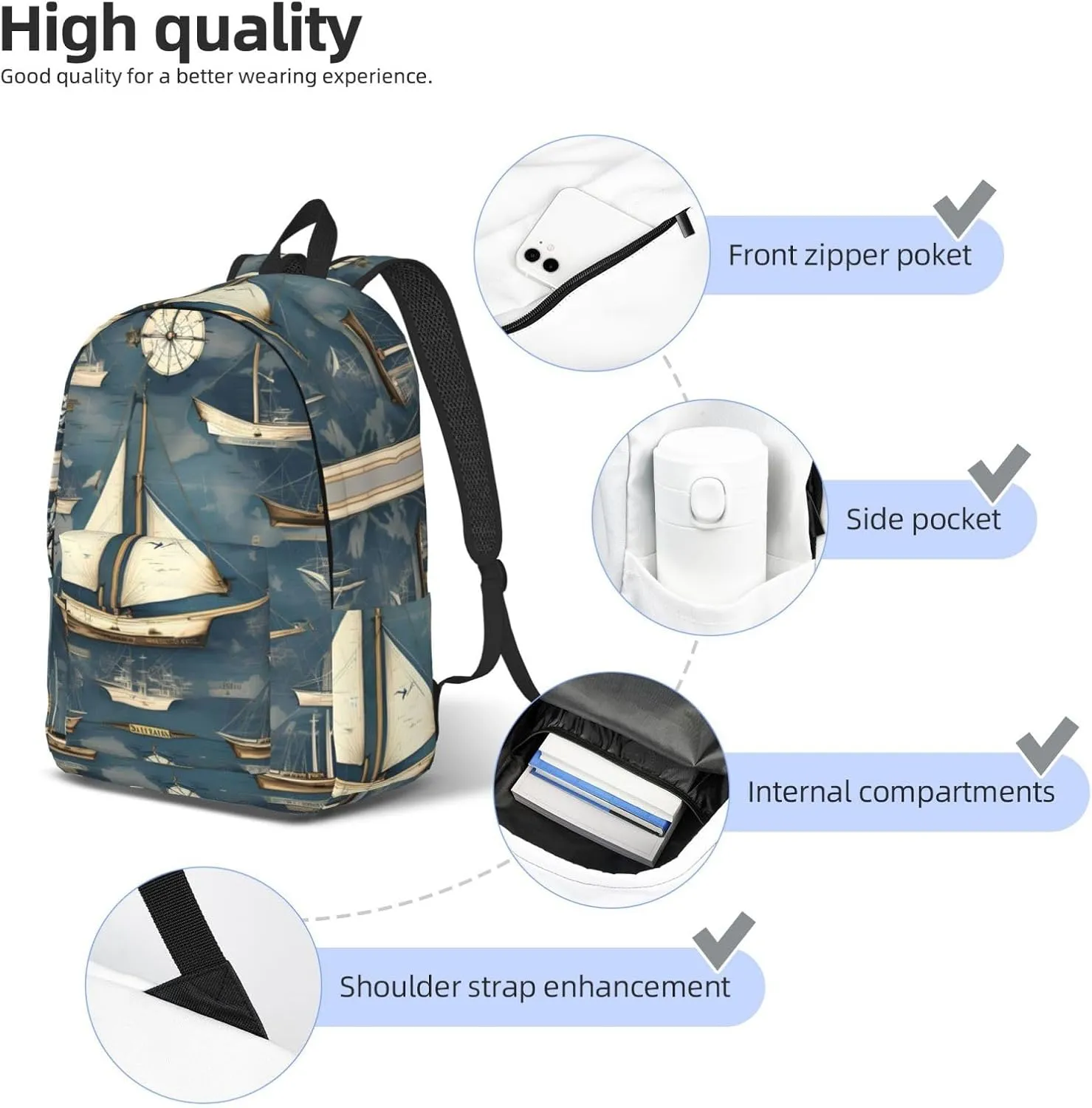 Nautical Sailboat Map Print Canvas Laptop Backpack Outdoor Casual Travel Bag Daypack Book Bag For Men Women