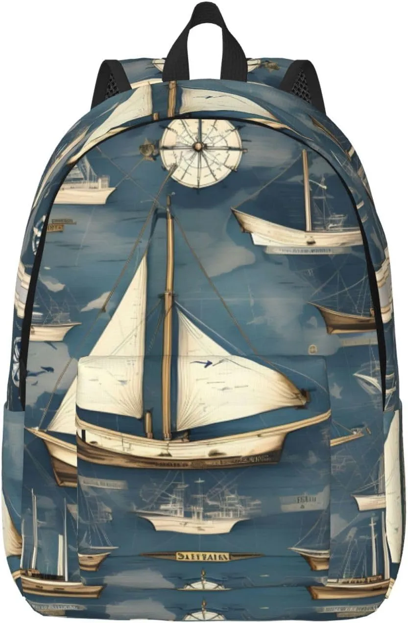 Nautical Sailboat Map Print Canvas Laptop Backpack Outdoor Casual Travel Bag Daypack Book Bag For Men Women