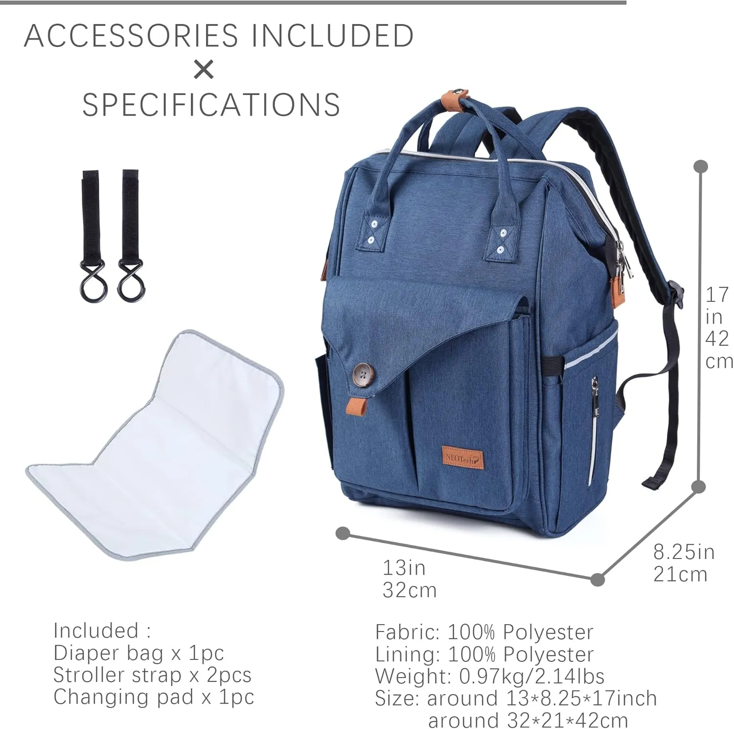 NeoTech Care Diaper Bag Backpack for Baby Girl/Boy, Wide Opening, Multifunction Organizing Pockets (Blue)