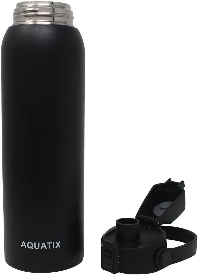 New Aquatix (Black, 32 Ounce) Pure Stainless Steel Double Wall Vacuum Insulated Sports Water Bottle Convenient Flip Top Cap with Removable Strap Handle - Keeps Drinks Cold 24 hr/Hot 6 hr