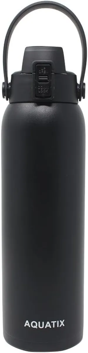 New Aquatix (Black, 32 Ounce) Pure Stainless Steel Double Wall Vacuum Insulated Sports Water Bottle Convenient Flip Top Cap with Removable Strap Handle - Keeps Drinks Cold 24 hr/Hot 6 hr