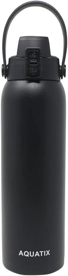New Aquatix (Black, 32 Ounce) Pure Stainless Steel Double Wall Vacuum Insulated Sports Water Bottle Convenient Flip Top Cap with Removable Strap Handle - Keeps Drinks Cold 24 hr/Hot 6 hr