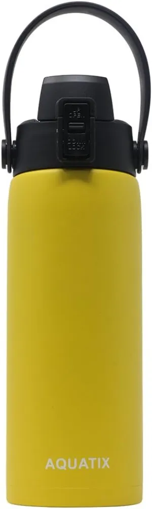 New Aquatix (Lemon Yellow, 21 Ounce) Pure Stainless Steel Double Wall Vacuum Insulated Sports Water Bottle Convenient Flip Top Cap with Removable Strap Handle - Keeps Drinks Cold 24 hr/Hot 6 hr