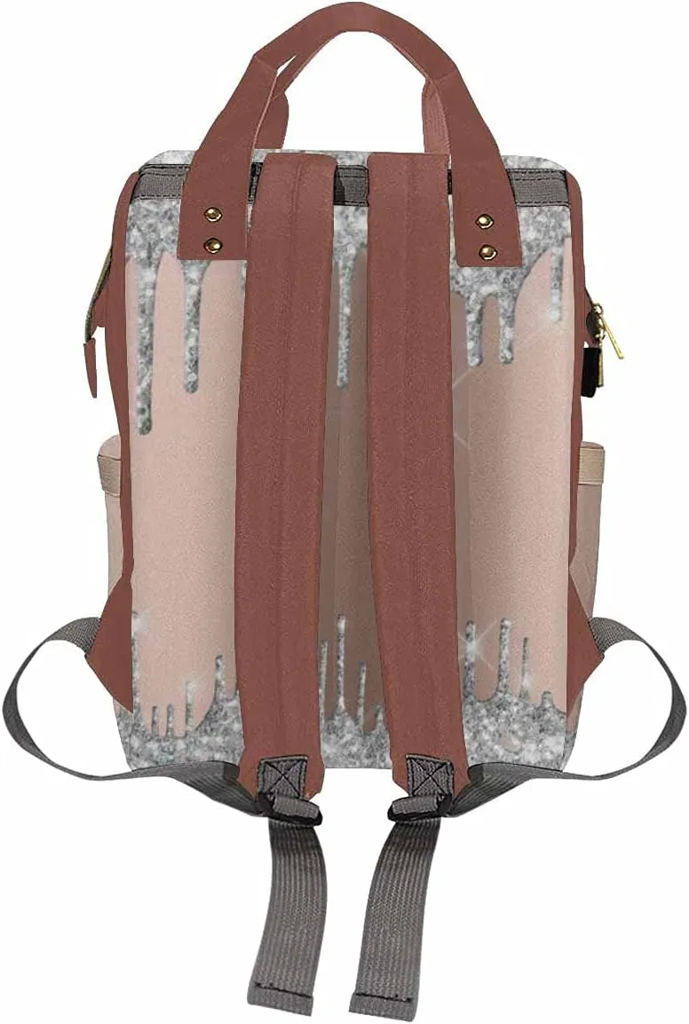 Newcos Personalized Spark Drips Glitter Rose Silver Gray Diaper Backpack with Custom Name Shoulder Mommy Baby Bag, DG7197022D