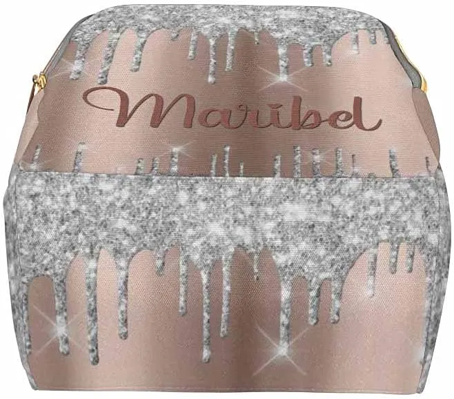 Newcos Personalized Spark Drips Glitter Rose Silver Gray Diaper Backpack with Custom Name Shoulder Mommy Baby Bag, DG7197022D
