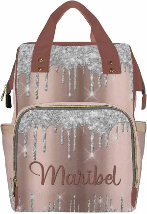 Newcos Personalized Spark Drips Glitter Rose Silver Gray Diaper Backpack with Custom Name Shoulder Mommy Baby Bag, DG7197022D