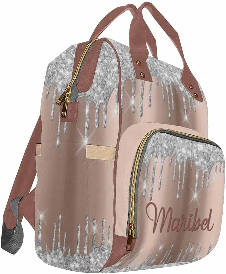 Newcos Personalized Spark Drips Glitter Rose Silver Gray Diaper Backpack with Custom Name Shoulder Mommy Baby Bag, DG7197022D