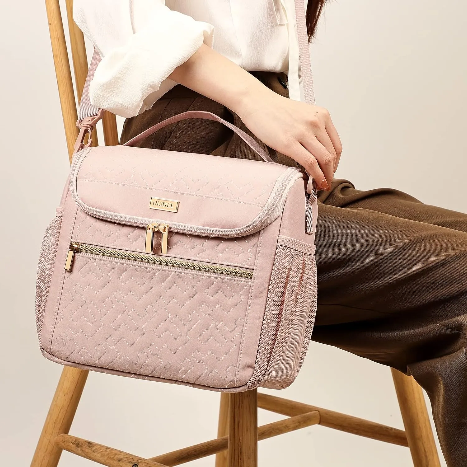 NISHEL Lunch Bag for Women, Portable Insulated Meal Box with Shoulder Strap, Resuable Leakproof Cooler Case for Work, Pink