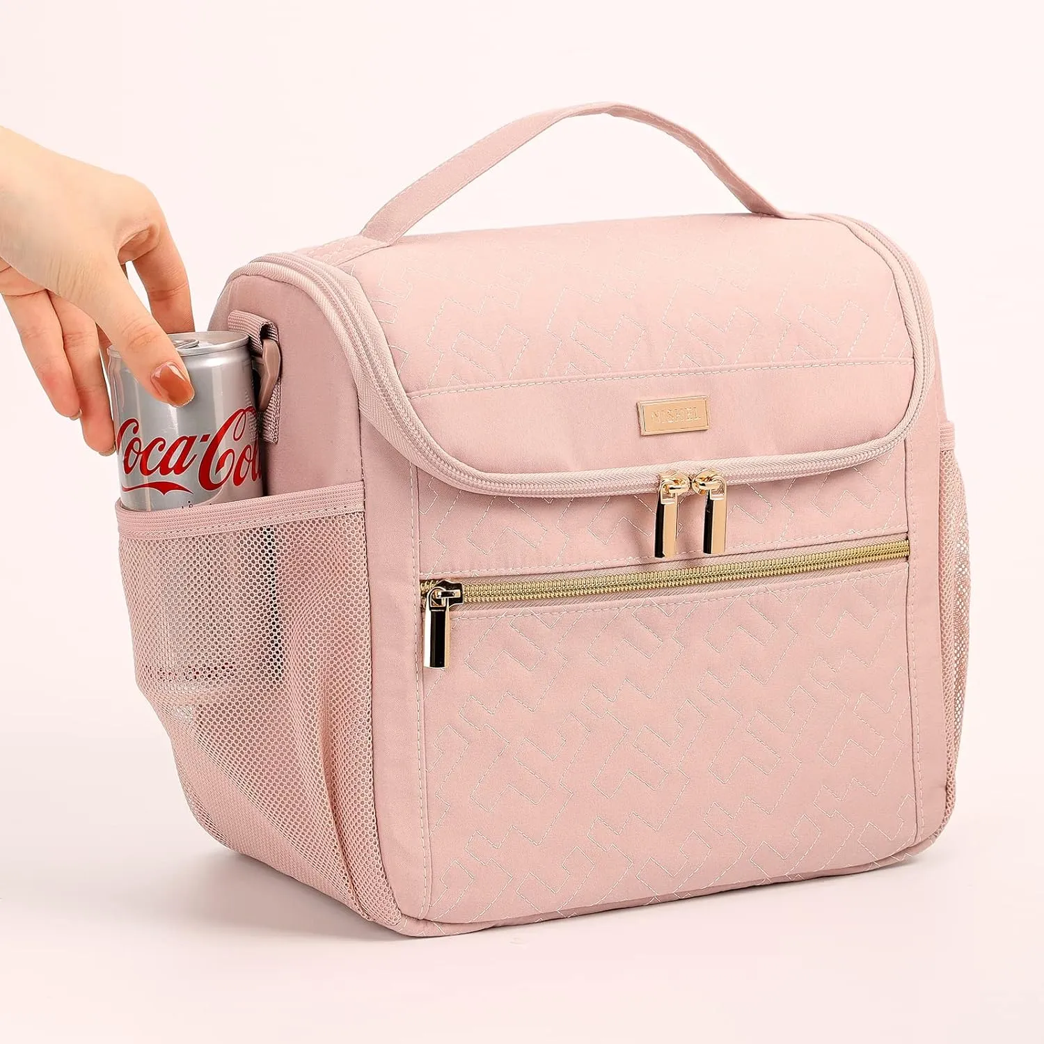 NISHEL Lunch Bag for Women, Portable Insulated Meal Box with Shoulder Strap, Resuable Leakproof Cooler Case for Work, Pink