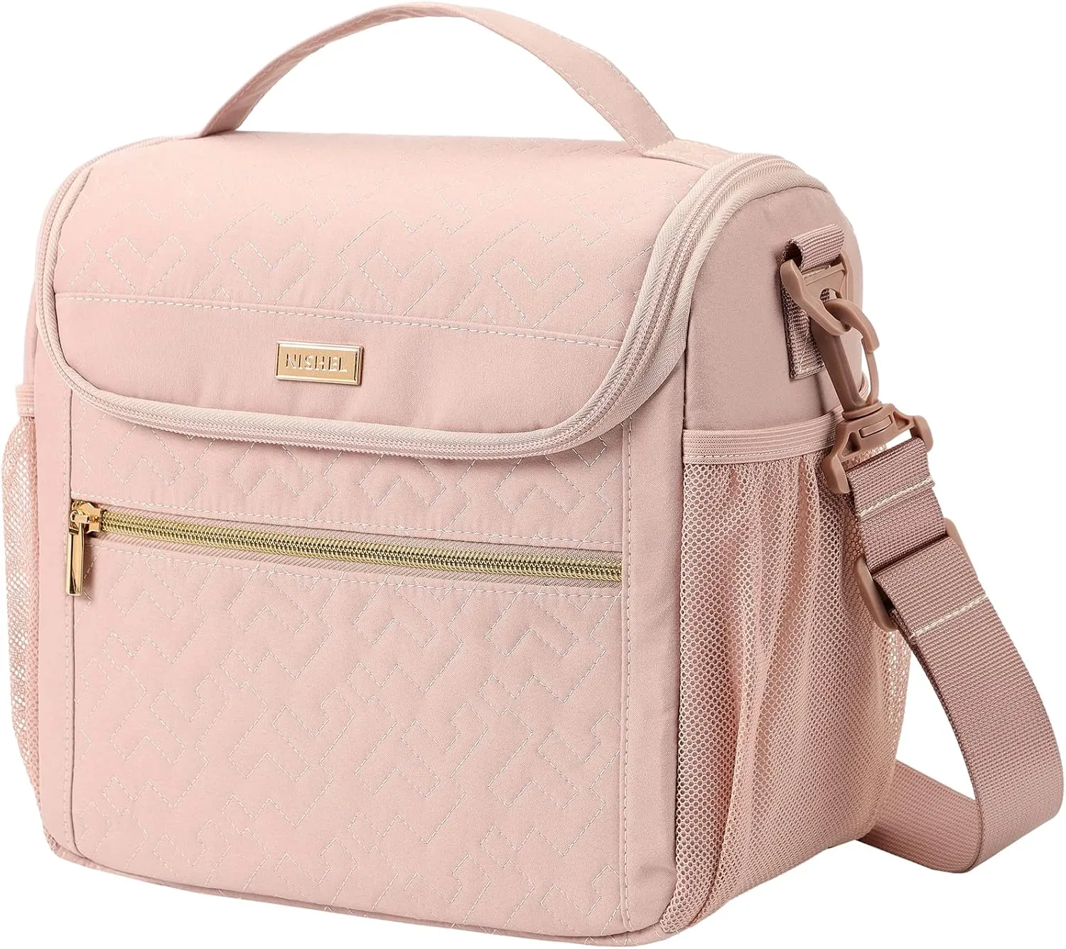NISHEL Lunch Bag for Women, Portable Insulated Meal Box with Shoulder Strap, Resuable Leakproof Cooler Case for Work, Pink