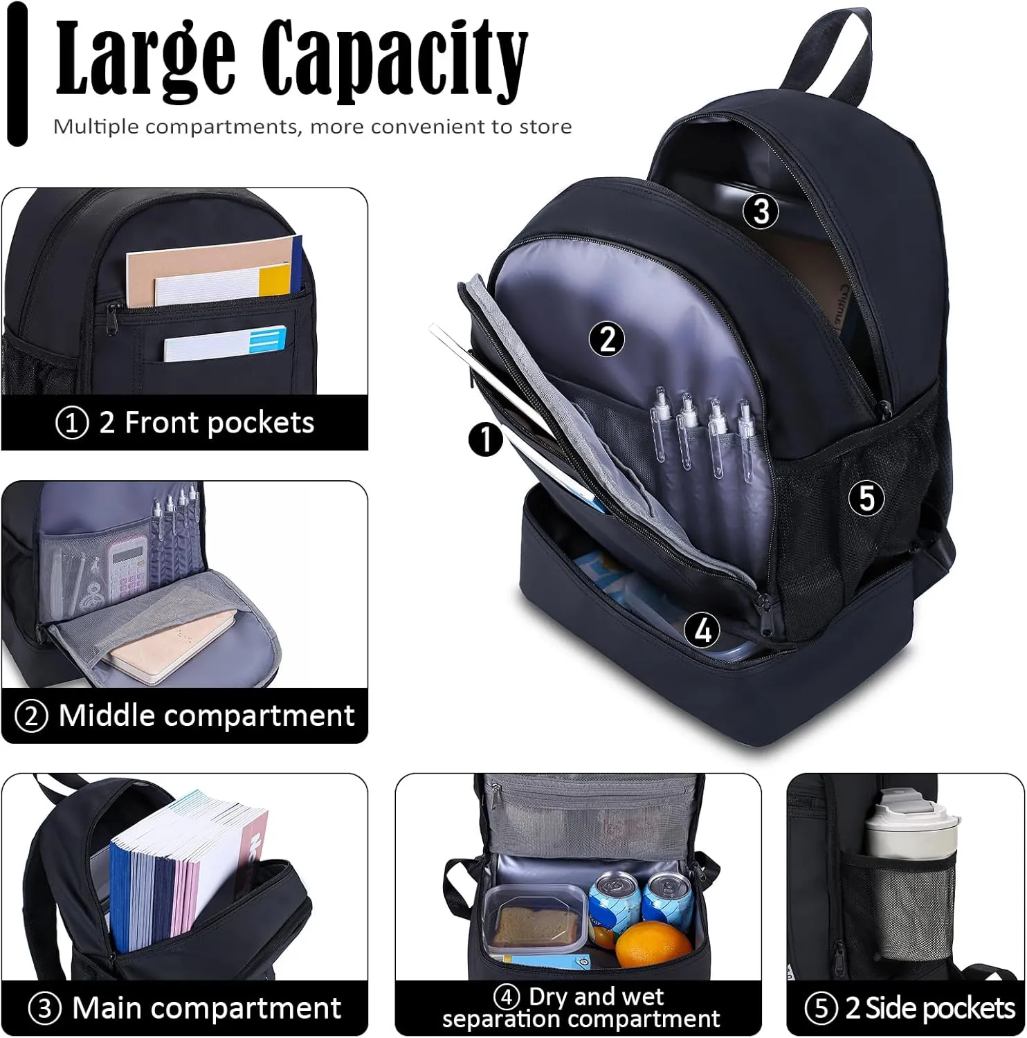 NOL Natural Organic Lifestyle Kids 2-in-1 Backpack & Insulated Lunch Bag-16 Multi-Functional Large Compartments Backpack for School & Travel, Double Deck, Water Resistant, Leak-proof, Padded (Black)