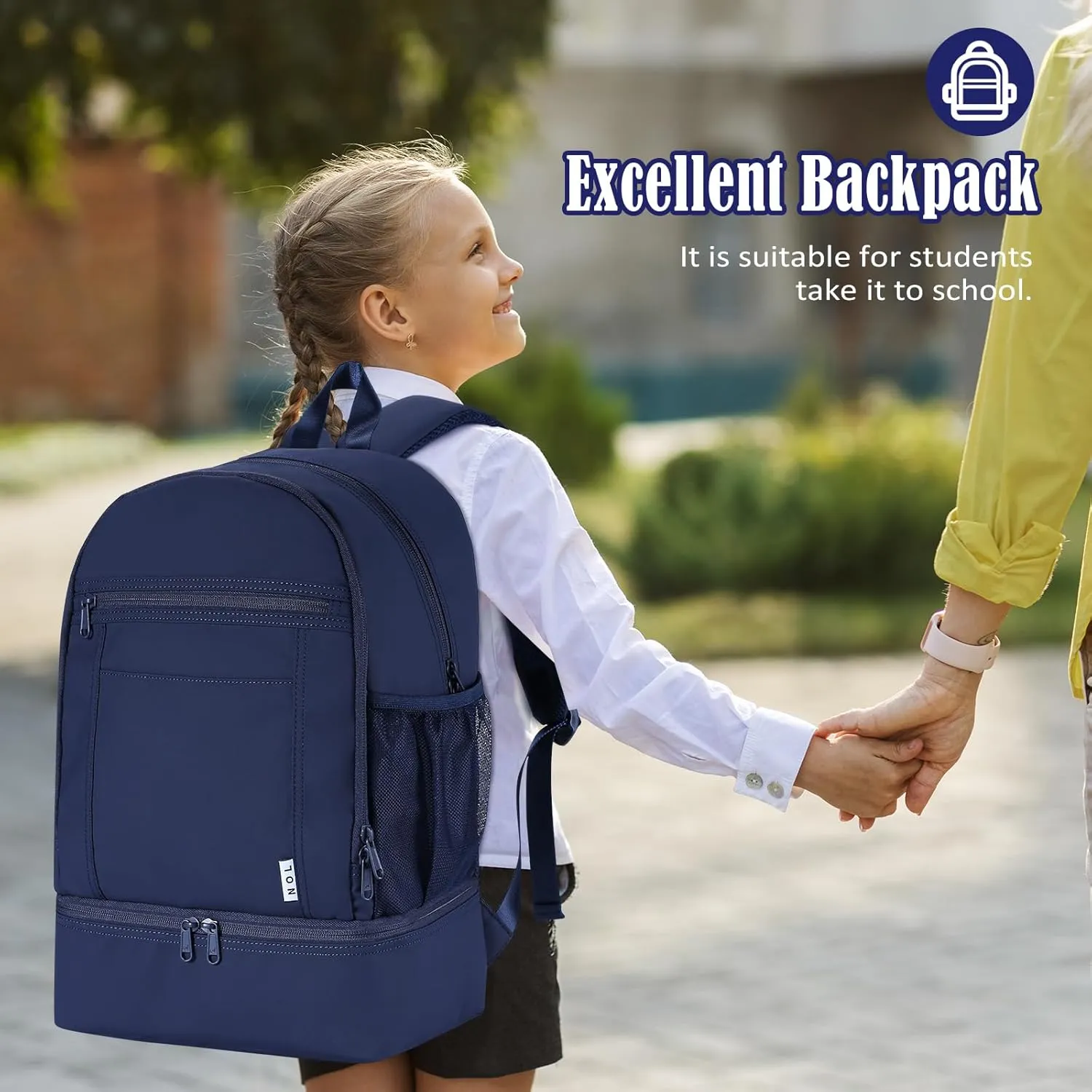 NOL Natural Organic Lifestyle Kids 2-in-1 Backpack & Insulated Lunch Bag-16 Multi-Functional Large Compartments Backpack for School & Travel, Double Deck, Water Resistant,Leak-proof,Padded-Navy blue
