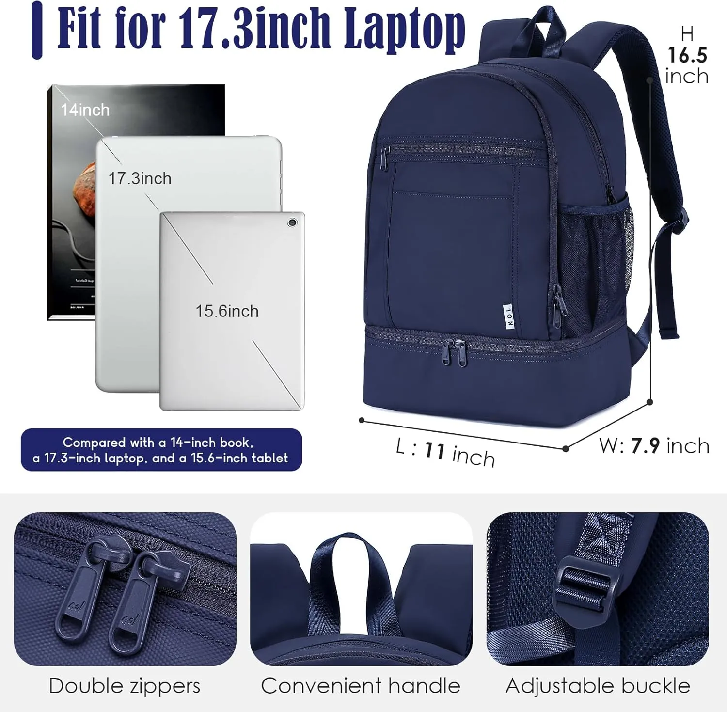 NOL Natural Organic Lifestyle Kids 2-in-1 Backpack & Insulated Lunch Bag-16 Multi-Functional Large Compartments Backpack for School & Travel, Double Deck, Water Resistant,Leak-proof,Padded-Navy blue