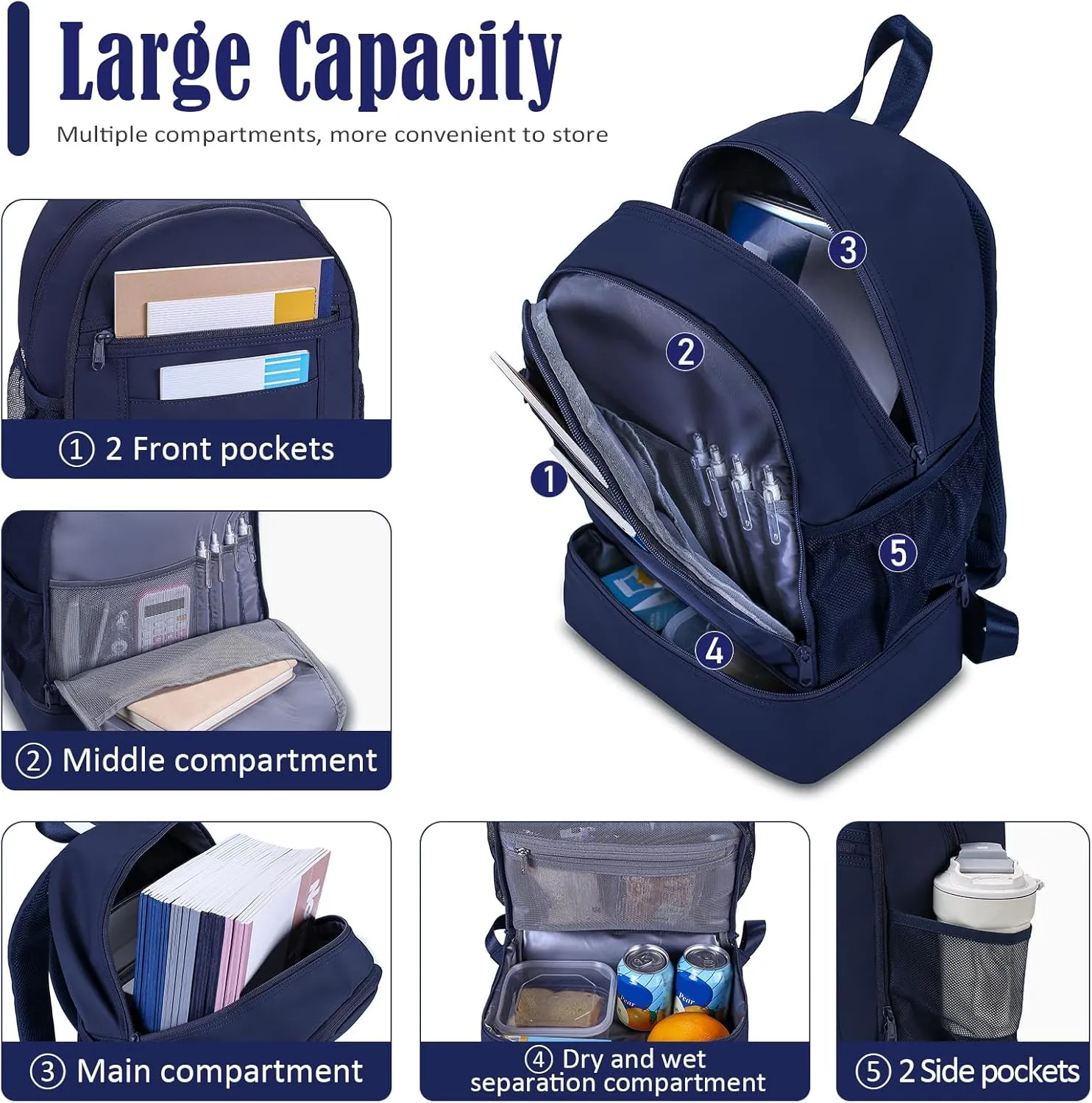 NOL Natural Organic Lifestyle Kids 2-in-1 Backpack & Insulated Lunch Bag-16 Multi-Functional Large Compartments Backpack for School & Travel, Double Deck, Water Resistant,Leak-proof,Padded-Navy blue