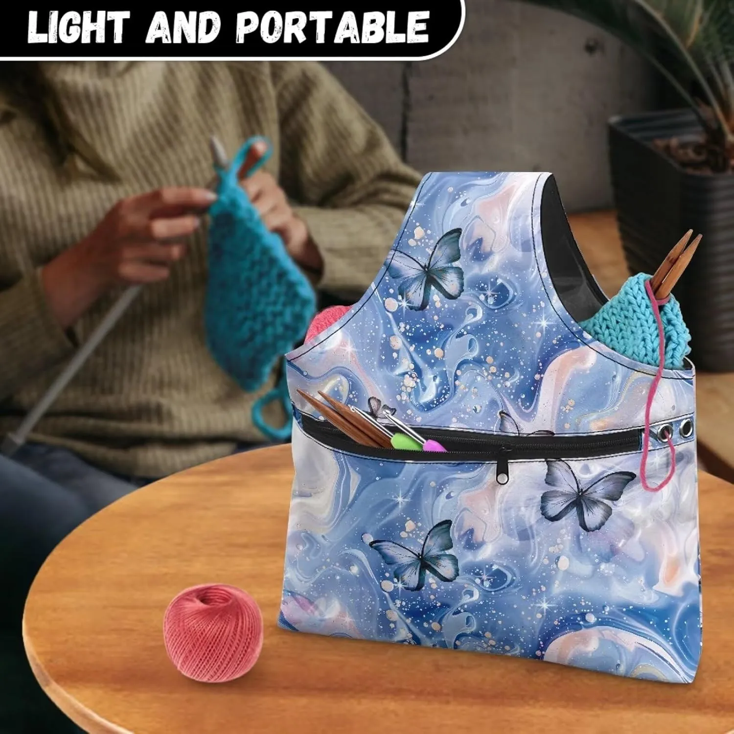 Noprintge Yarn Bag, Canvas Embroidery Carrying Bag,Butterfly Portable Needlework Tool Storage Bag for Sewing Tools and Accessories Waterproof Shopping Handbag with Front Zipper Pocket
