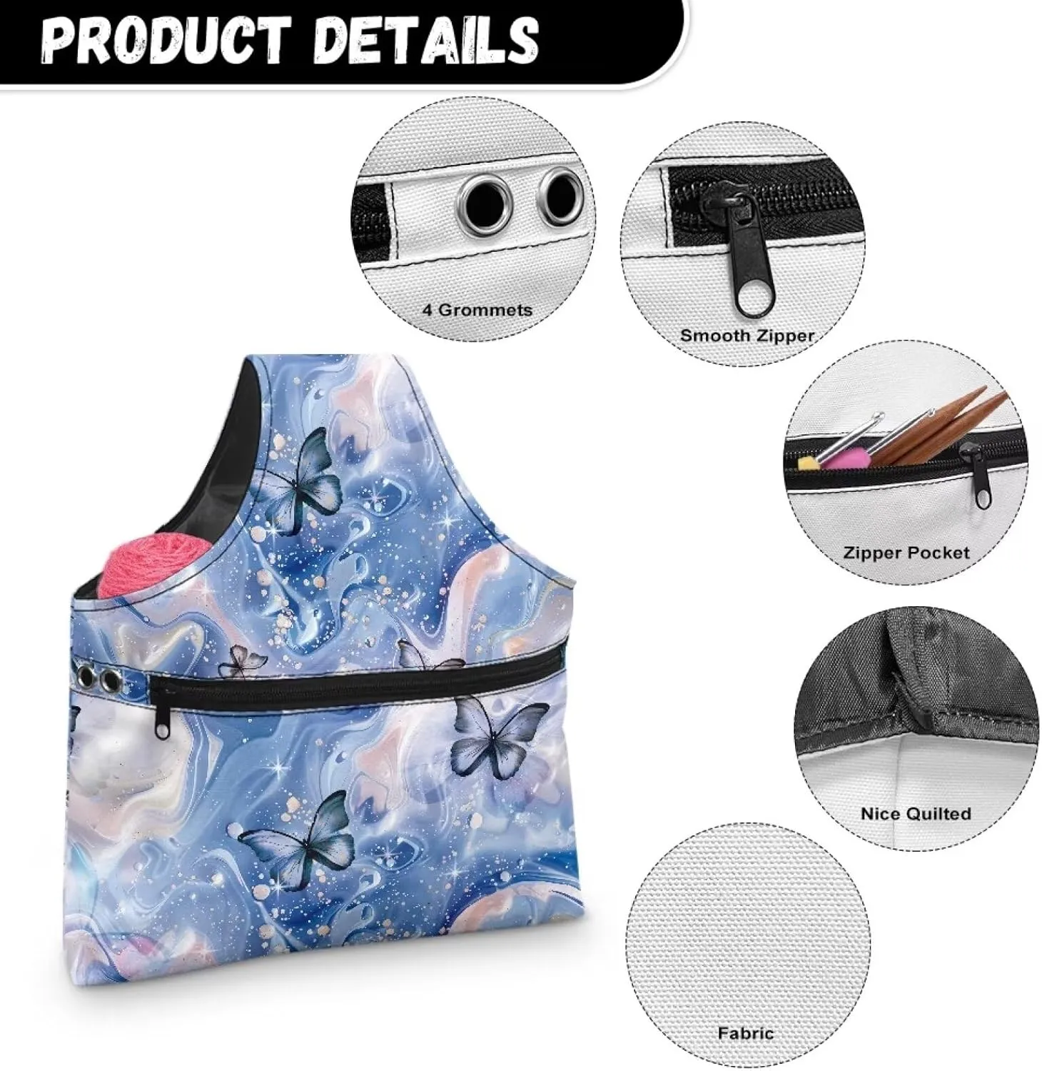 Noprintge Yarn Bag, Canvas Embroidery Carrying Bag,Butterfly Portable Needlework Tool Storage Bag for Sewing Tools and Accessories Waterproof Shopping Handbag with Front Zipper Pocket