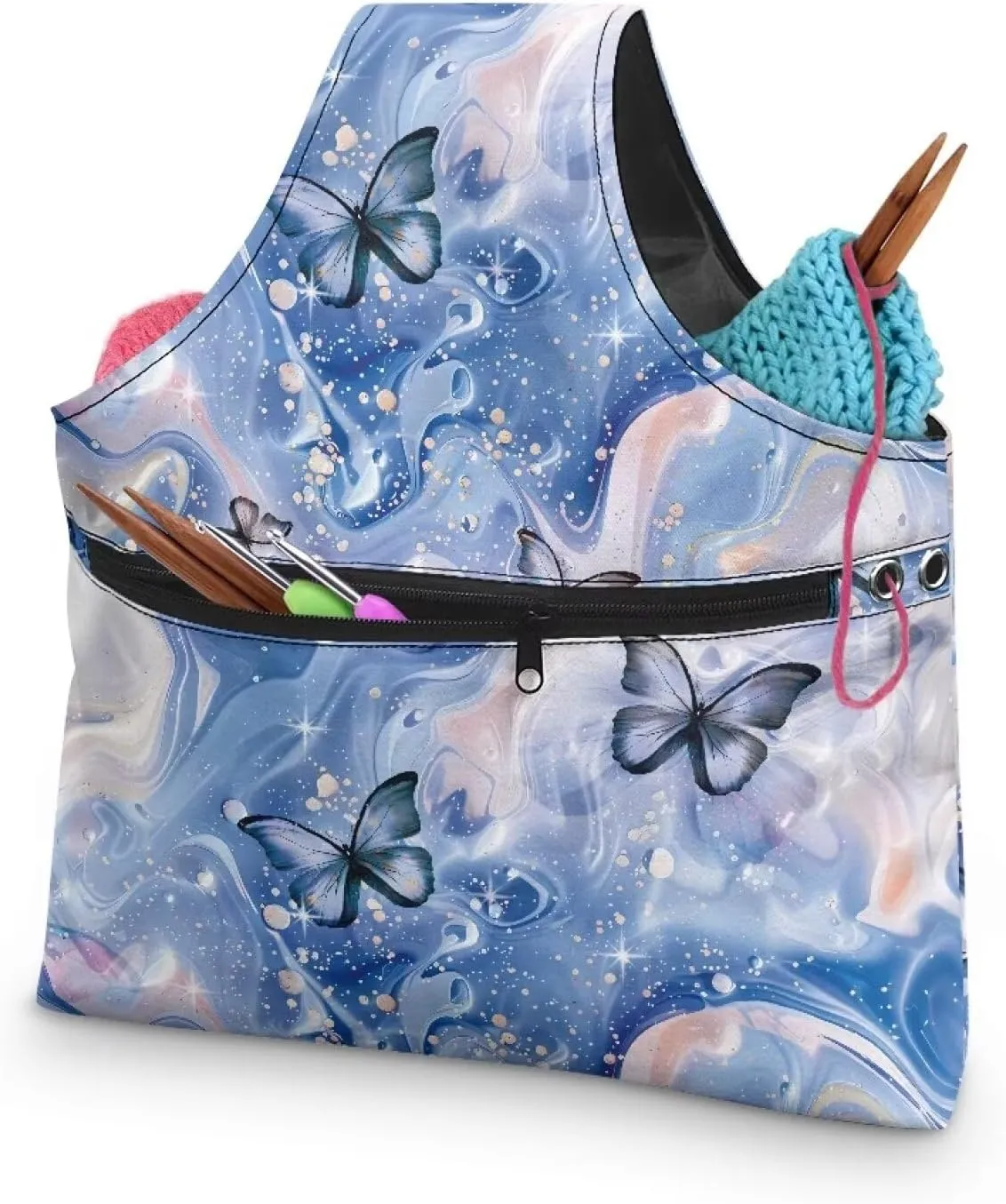 Noprintge Yarn Bag, Canvas Embroidery Carrying Bag,Butterfly Portable Needlework Tool Storage Bag for Sewing Tools and Accessories Waterproof Shopping Handbag with Front Zipper Pocket