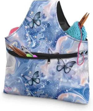 Noprintge Yarn Bag, Canvas Embroidery Carrying Bag,Butterfly Portable Needlework Tool Storage Bag for Sewing Tools and Accessories Waterproof Shopping Handbag with Front Zipper Pocket