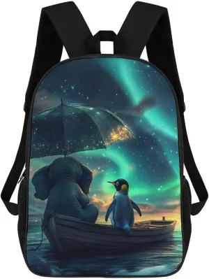 Northern Lights Elephant Penguin on Boat Laptop Backpack for Men Women 17 Inch Shoulder Bag Travel Daypack