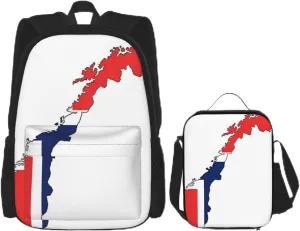 Norwegian Flag Map Print Travel Backpack Set,Stylish 600d Oxford Fabric,Insulated Lunch Bag,And Cosmetic Pouch