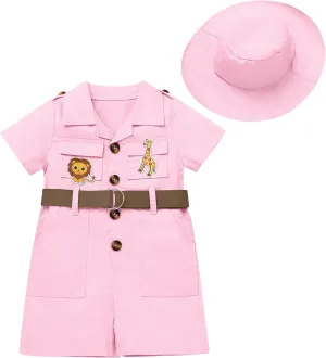 OBEEII Toddler Baby Safari Outfit Short Sleeve Jumpsuit   Hat Explorer Set Wild One Birthday Cake Smash Photoshoot
