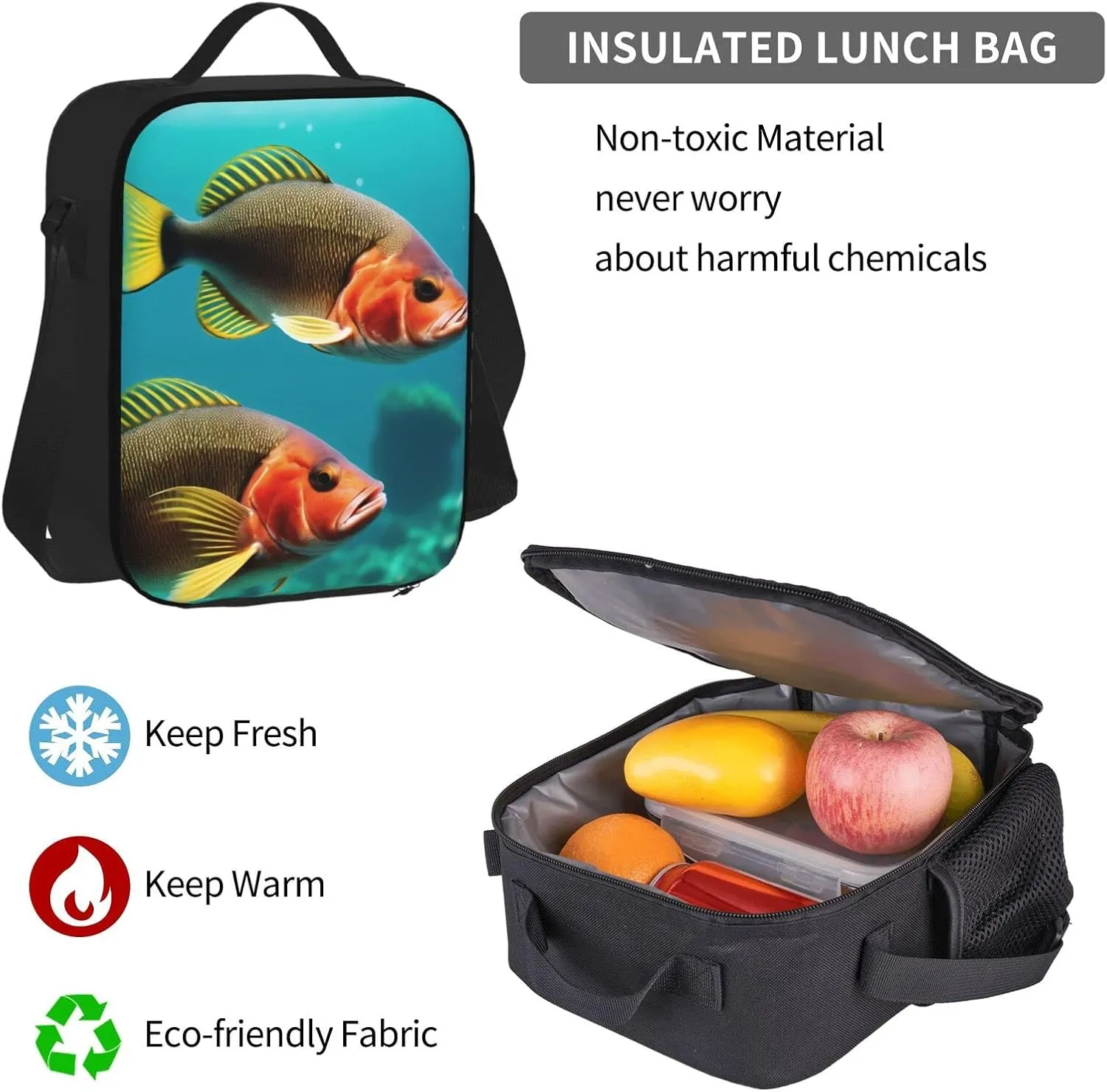 Ocean Fish Three-Piece Backpack Set With Pocket Backpack Cross-Body Lunch Bag Pen Bag For Travel Daypack