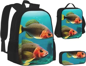 Ocean Fish Three-Piece Backpack Set With Pocket Backpack Cross-Body Lunch Bag Pen Bag For Travel Daypack