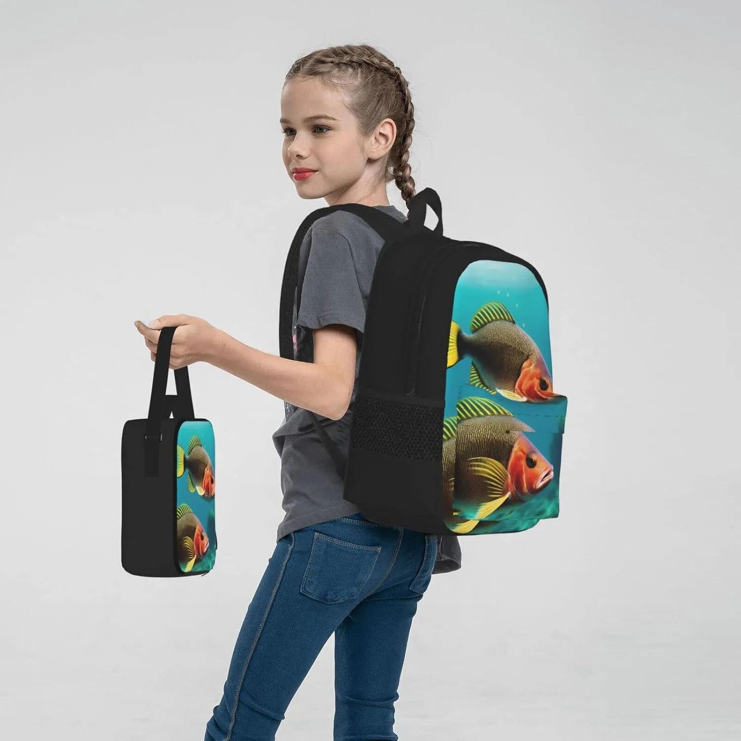 Ocean Fish Three-Piece Backpack Set With Pocket Backpack Cross-Body Lunch Bag Pen Bag For Travel Daypack