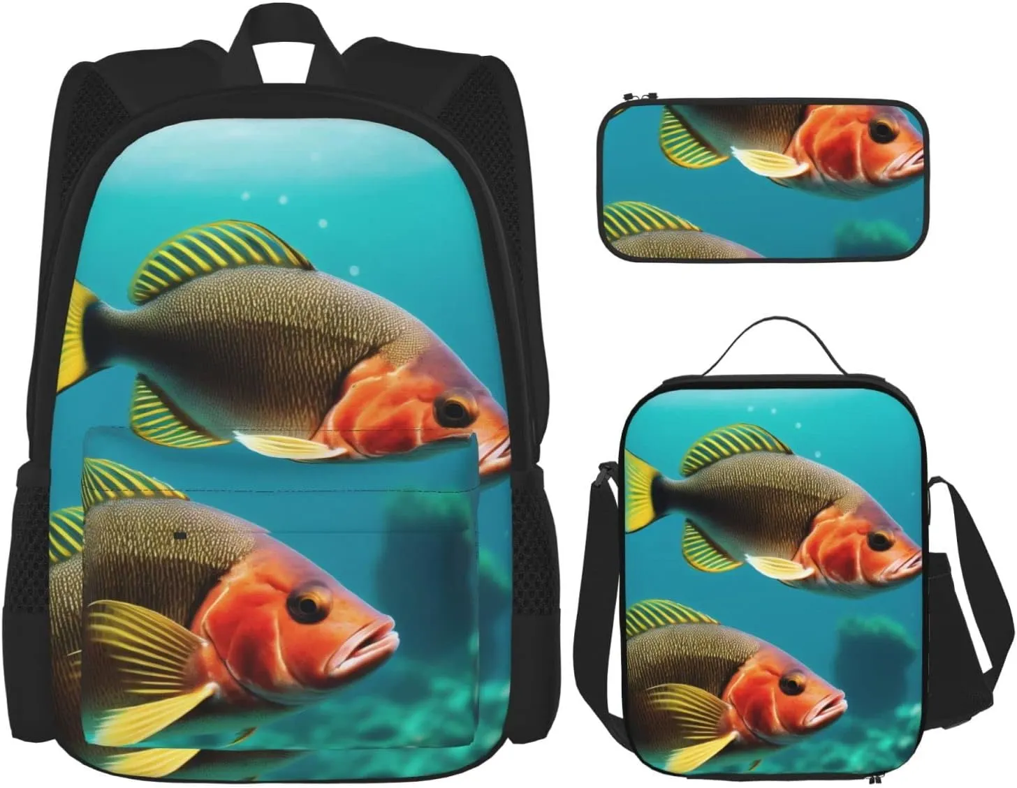 Ocean Fish Three-Piece Backpack Set With Pocket Backpack Cross-Body Lunch Bag Pen Bag For Travel Daypack
