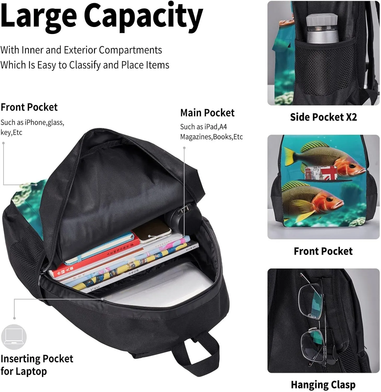 Ocean Fish Three-Piece Backpack Set With Pocket Backpack Cross-Body Lunch Bag Pen Bag For Travel Daypack