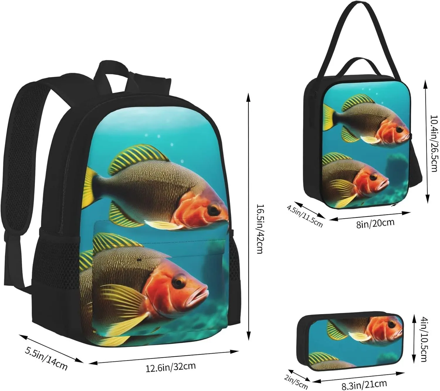 Ocean Fish Three-Piece Backpack Set With Pocket Backpack Cross-Body Lunch Bag Pen Bag For Travel Daypack