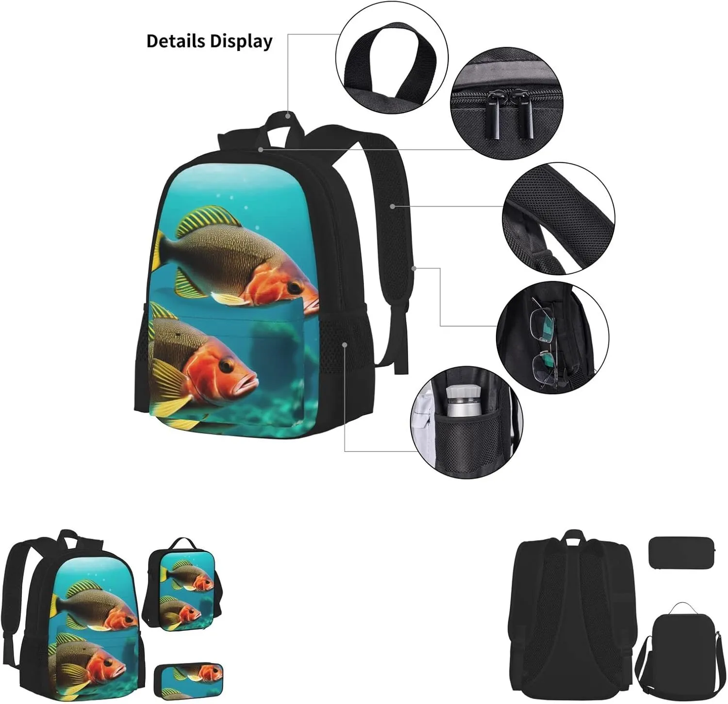 Ocean Fish Three-Piece Backpack Set With Pocket Backpack Cross-Body Lunch Bag Pen Bag For Travel Daypack